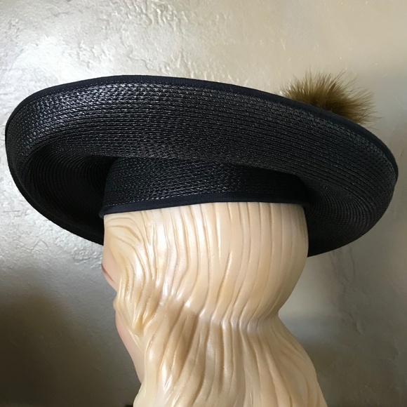 BEAUTIFUL VINTAGE BLACK STRAW WIDE BRIM HAT WITH MUSTARD COLOR MARABOU FEATHERS main image 6